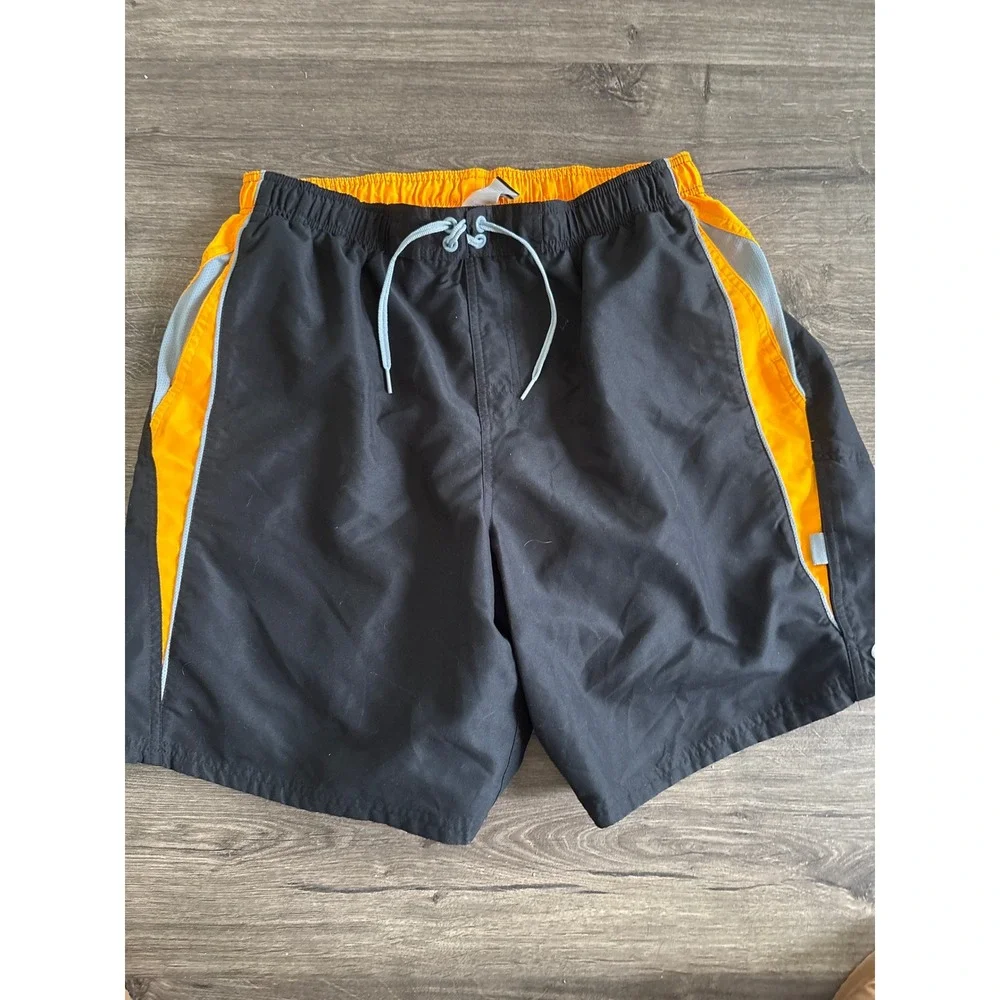 Nike Mens Swim Trunks XL Black Orange Colorblock Mesh Lined Board Shorts